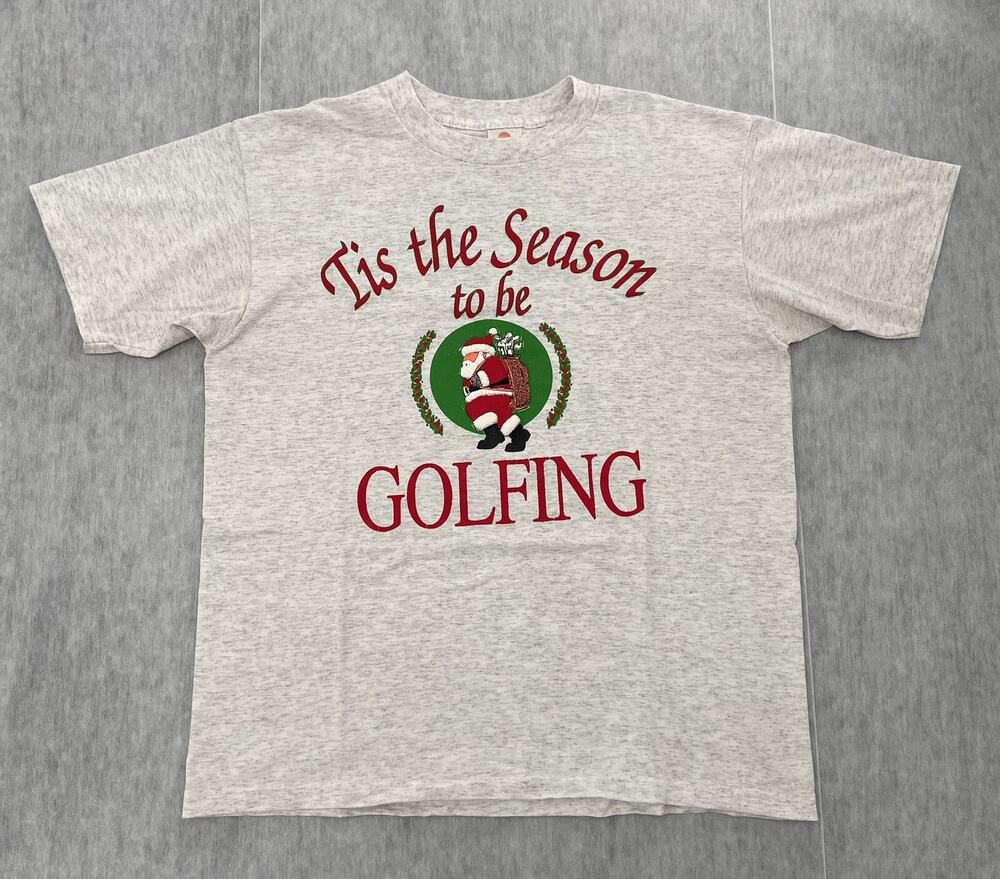 VINTAGE Christmas Shirt Adult Large Gray Santa Claus Golfing Single Stitch Men L